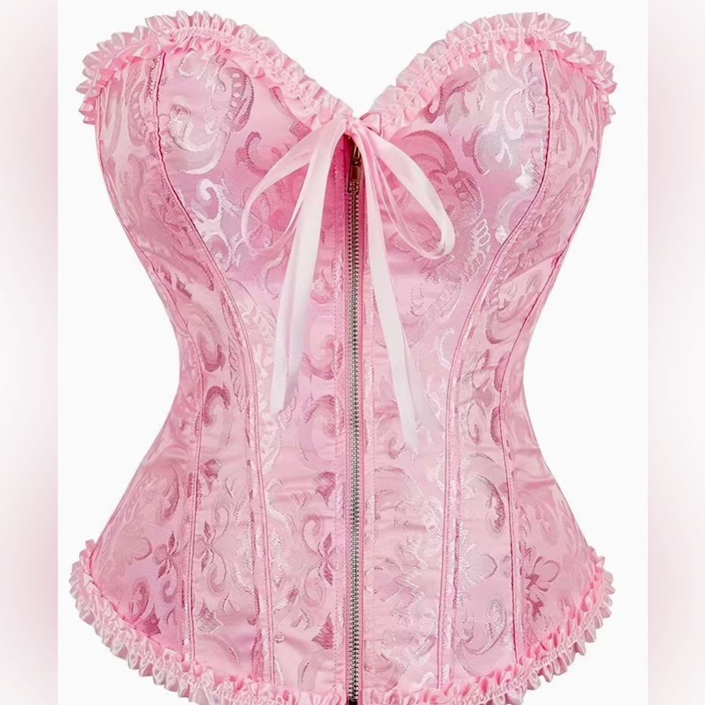 Ruffle Strapless Corset Bustier, Pink Jacquard Zip Up